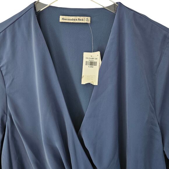 Abercrombie & Fitch Long-Sleeve Draped Mini Dress Wrap Bodice V Neck Blue XL NEW - Picture 5 of 10